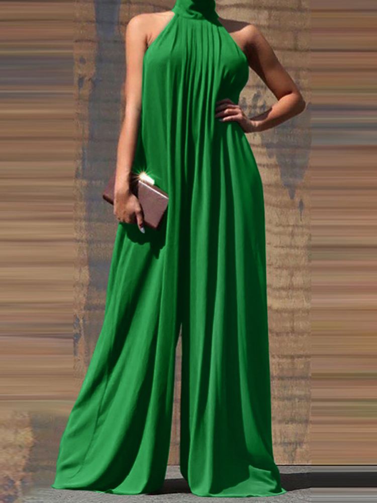 jinran Fashion Women Jumpsuits Summer Pleated Wide Leg Overalls Casual Solid Sleeveless Loose Button Up Oversized Rompers