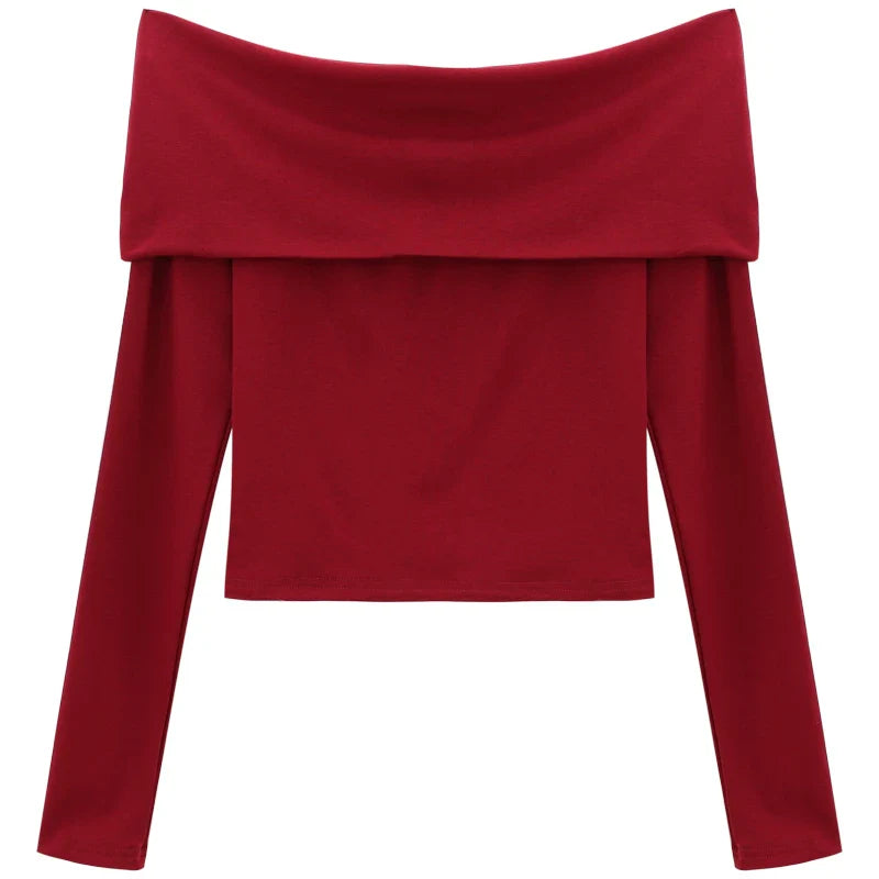 jinran Sexy Tops Off Shoulder Long Sleeve Crop Top Women's Autumn/Winter 2024 New Spicy Girl Slim Fit Short Red T-shirt