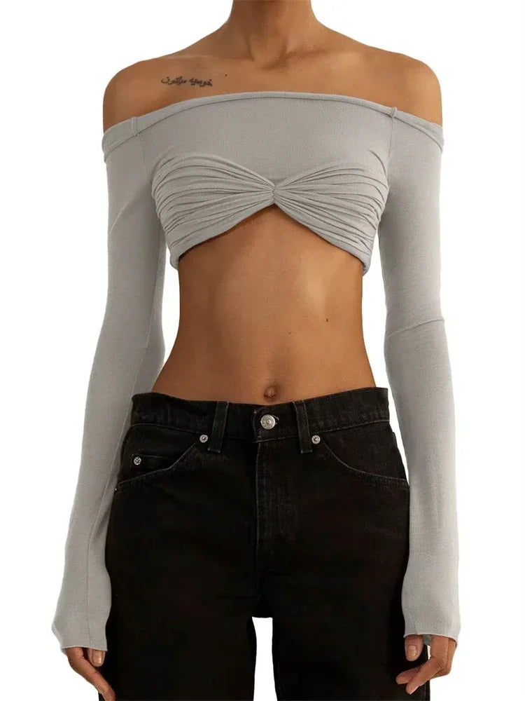 jinran Women Sheer Mesh Crop Top Twist See-Through Mesh Knit Copped Shirt Tops Bustier Off-Shoulder Long Sleeve Summer Hot Tops