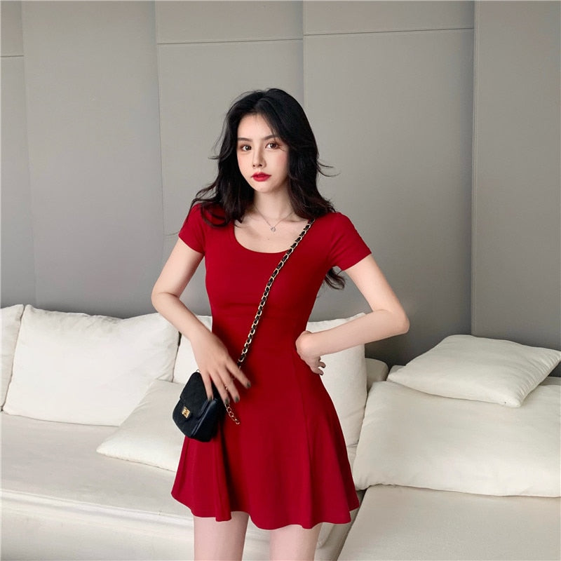 jinran Women Summer Dress O Neck Short Sleeve Solid Korean Thin Slim A Line Dress Slim Retro Red Black Pink Short Mini Dress Vestidos