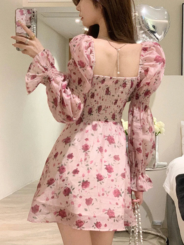 jinran Autumn Vintage Sweet Dress Women Chiffon Floral Bodycon Mini Dress Female korean Party Beach Long Sleeve Casual Dresses 2024