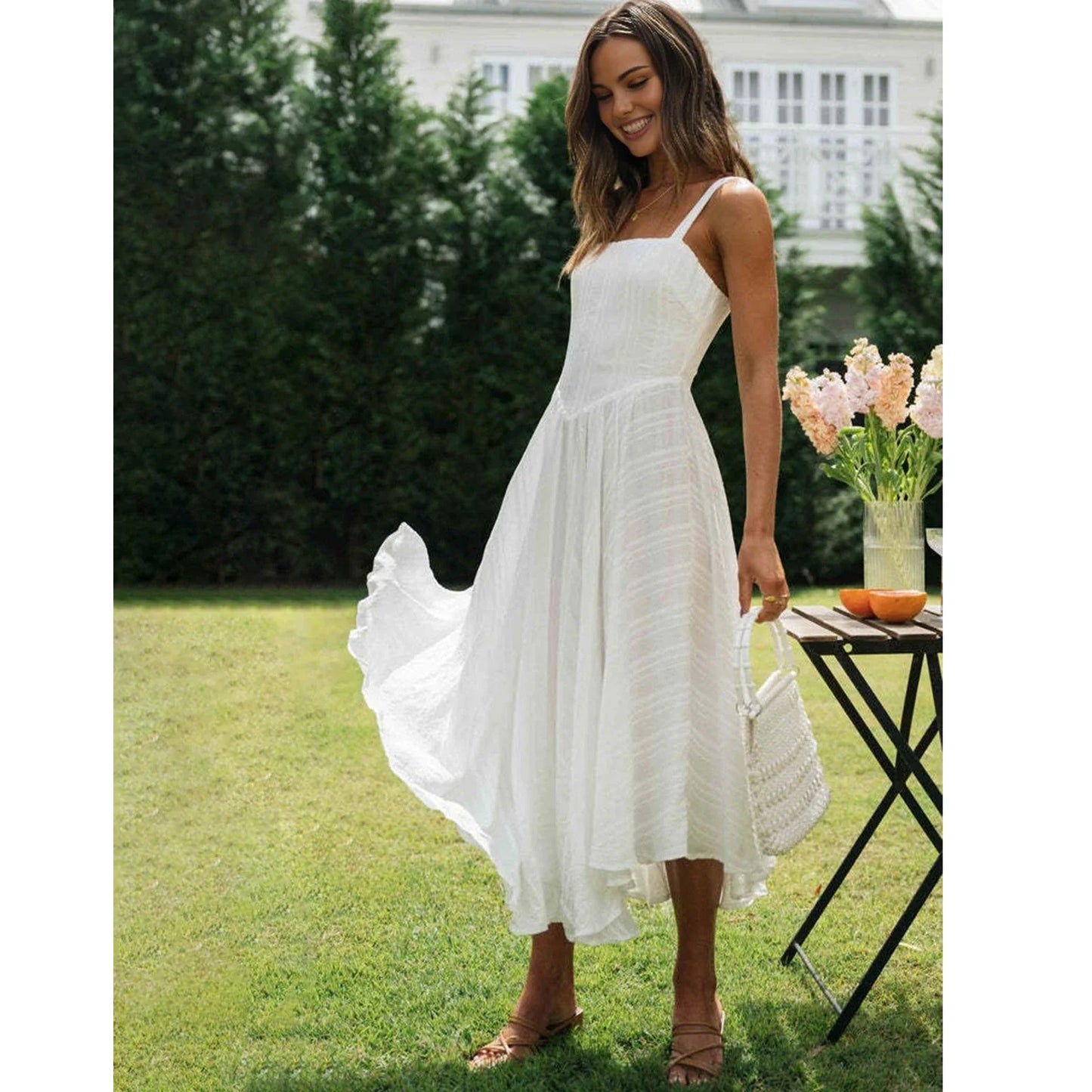 jinran 2024 White Dress Women Halter Cotton Long Dress Lace Elegant Party Outfits Ladies Sexy Club Clothes