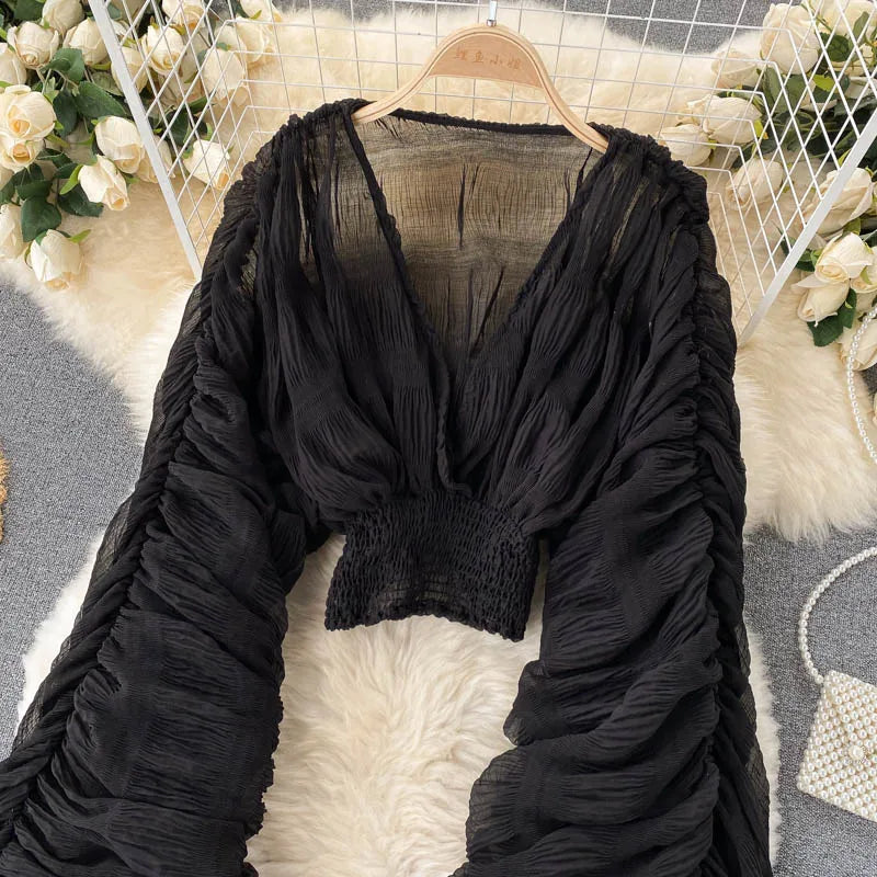 jinran Women Sexy Chiffon Short Blouse Female See Through Super Long Sleeve Blusas Purple/Green/Black/White Folds Party Tops 2024 New