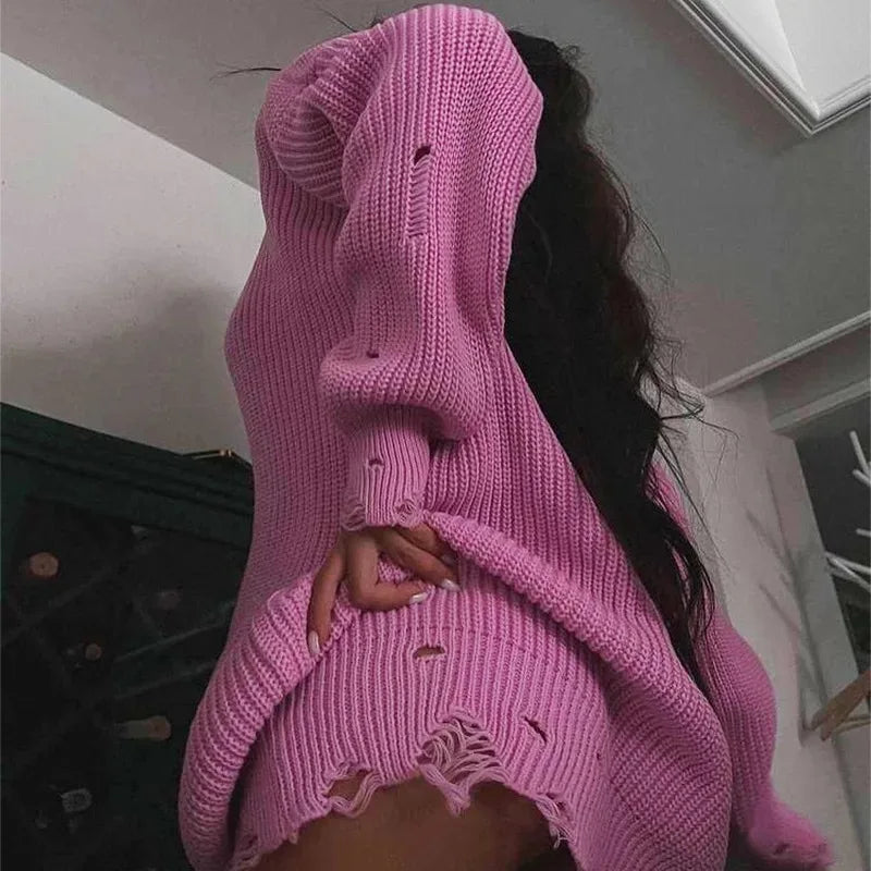 jinran Women Ripped Hole Knit Dress Autumn Winter Long Sleeve Mini Sweater Dresses Casual Loose Oversize Knitted Short Dresses