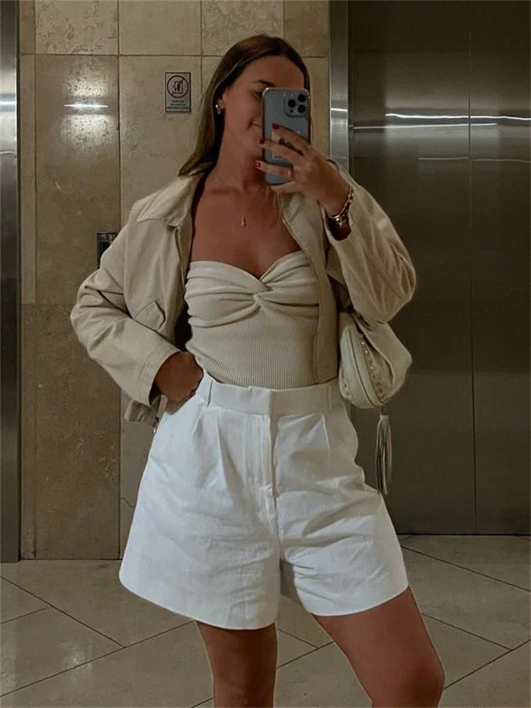 jinran Knit Tube Tops Women White Strapless Corset Tops Summer Basic Backless Off Shoulder Crop Top Bustier Casual Streetwear