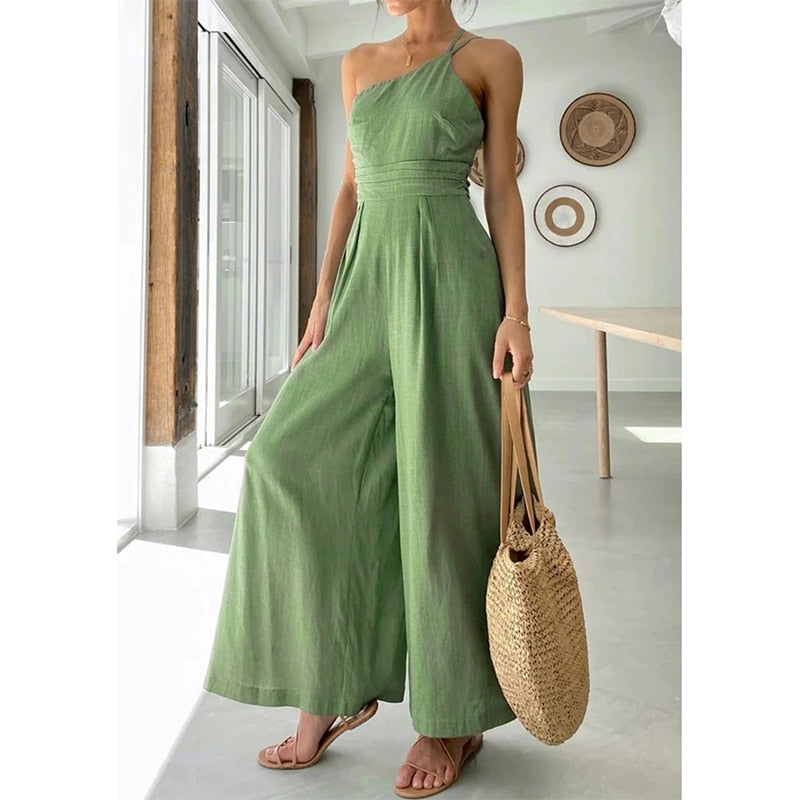 jinran Waist Folds Backless Double Strap Casual Wide Leg Jumpsuit Long Pants Green New Female Loose Jumpsuit