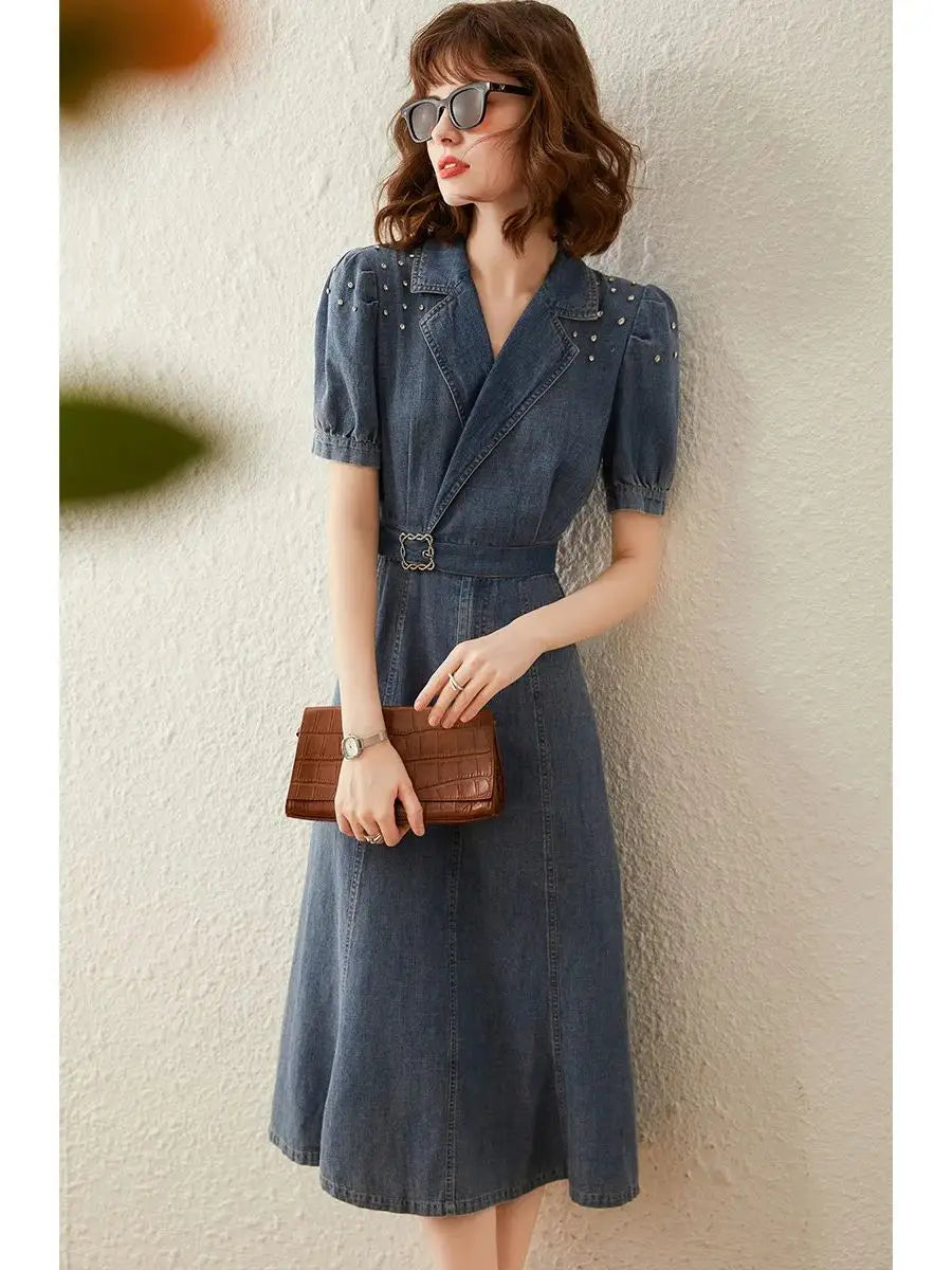 jinran Women Denim Dress 2024 Summer Dress Turn Down Collar Puff Short Sleeve with Belt Knee Length Long Washed Denim Dress