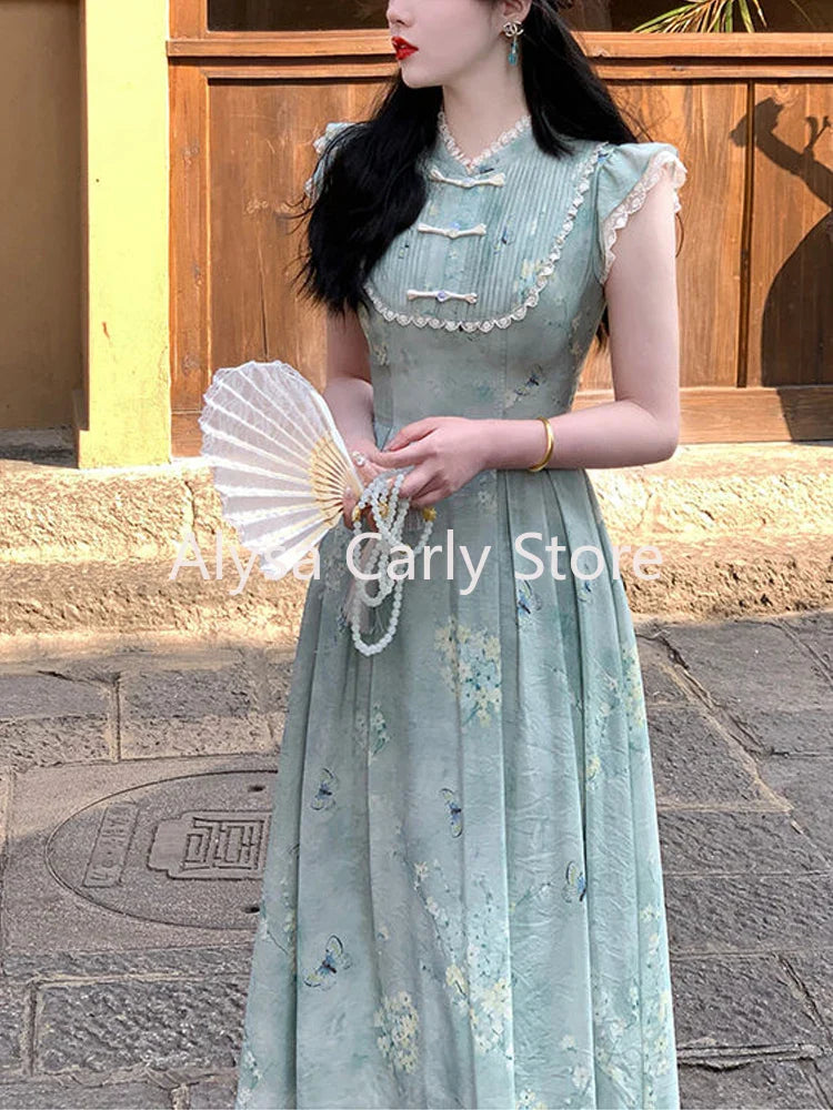 jinran Elegant Vintage Floral Slip Dress Women Ruffles Design Korean Style Long Fairy Dress Female 2024 Summer Casual Chic Party Dress