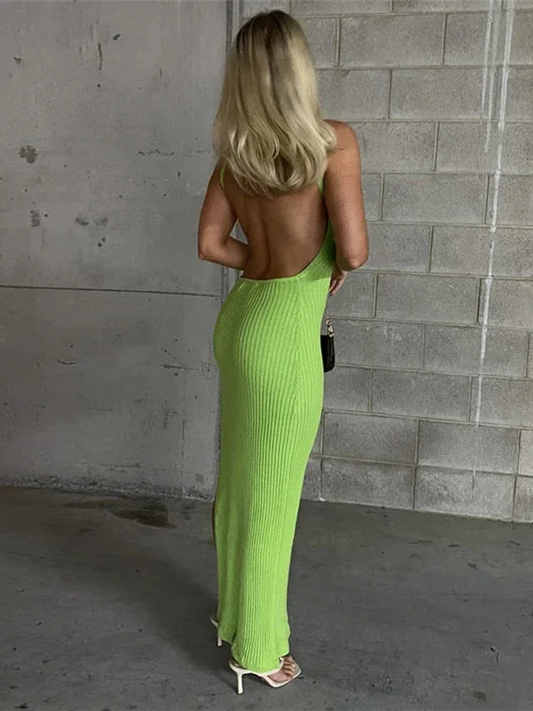 jinran Ribbed Knitted Sexy Backless Split Maxi Dress for Women Summer Holiday Sleeveless Straps Bodycon Dresses Clothes Sexy Dress