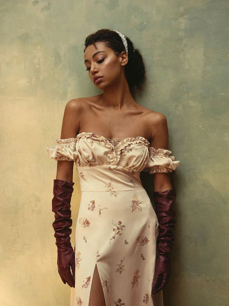 jinran WannaThis Summer Floral Off Shoulder Puff Sleeve Maxi Dress For Woman Robe Sexy Lace Up Side Split Chic Mid-Calf Aesthetic Dress