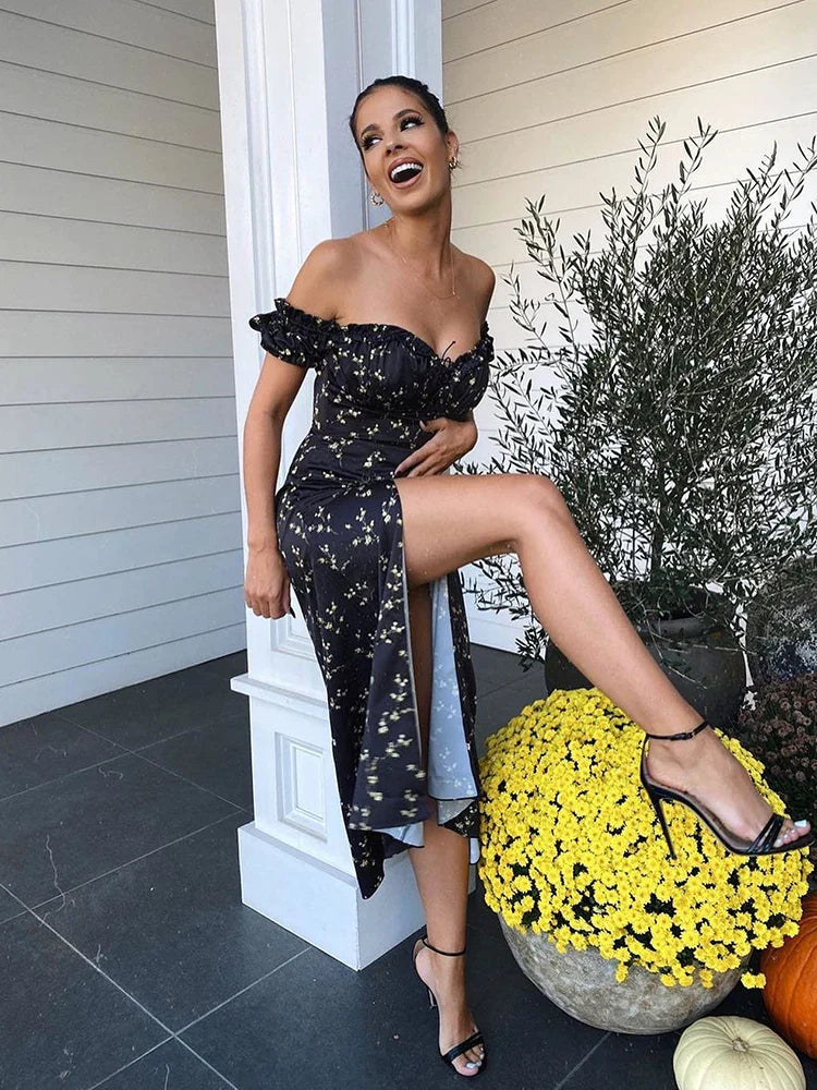 jinran WannaThis Summer Floral Off Shoulder Puff Sleeve Maxi Dress For Woman Robe Sexy Lace Up Side Split Chic Mid-Calf Aesthetic Dress