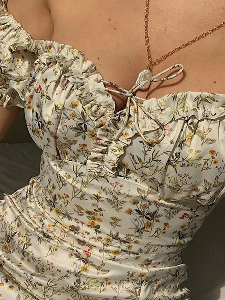 jinran WannaThis Summer Floral Off Shoulder Puff Sleeve Maxi Dress For Woman Robe Sexy Lace Up Side Split Chic Mid-Calf Aesthetic Dress