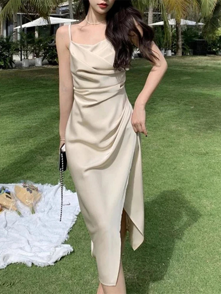 jinran Women Summer Backless Elegant Sexy Strap Split Satin Dress Female Sleeveless Camisole Vestidos Beach Clothes