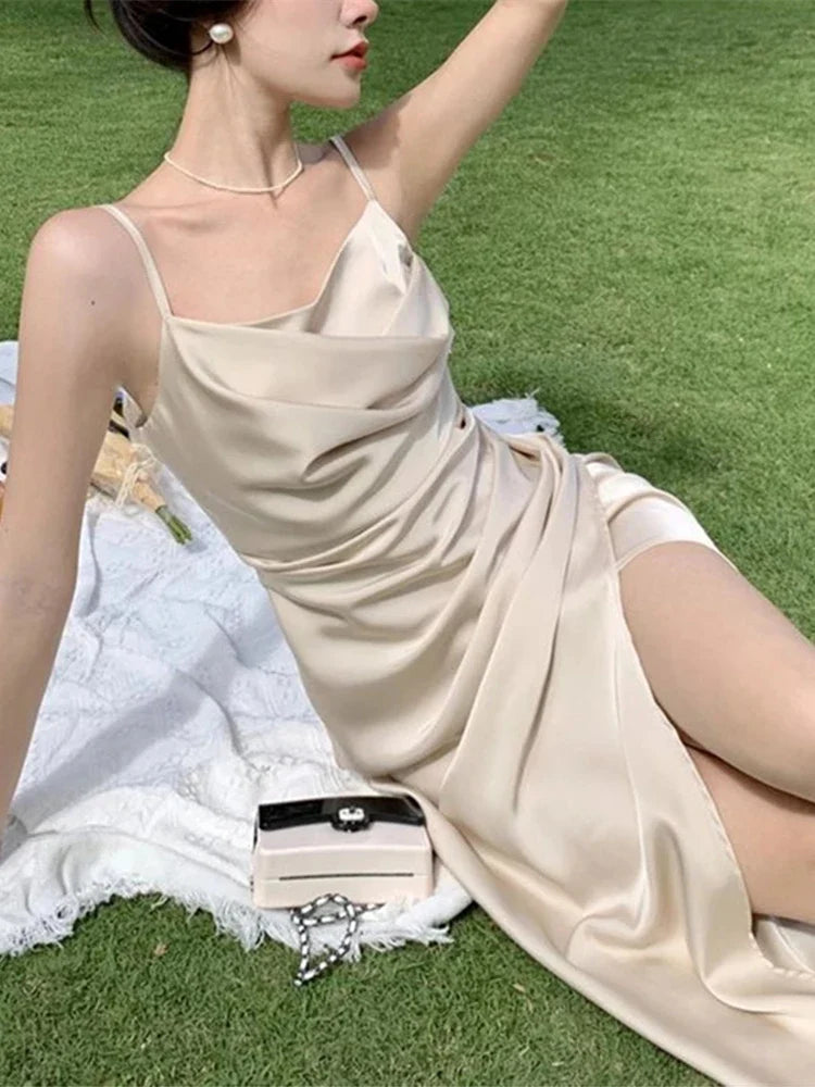 jinran Women Summer Backless Elegant Sexy Strap Split Satin Dress Female Sleeveless Camisole Vestidos Beach Clothes