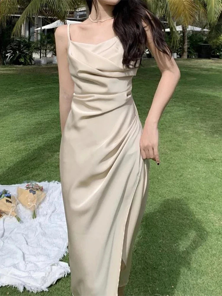 jinran Women Summer Backless Elegant Sexy Strap Split Satin Dress Female Sleeveless Camisole Vestidos Beach Clothes