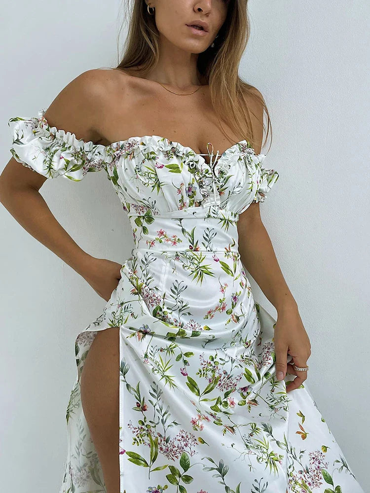 jinran WannaThis Summer Floral Off Shoulder Puff Sleeve Maxi Dress For Woman Robe Sexy Lace Up Side Split Chic Mid-Calf Aesthetic Dress