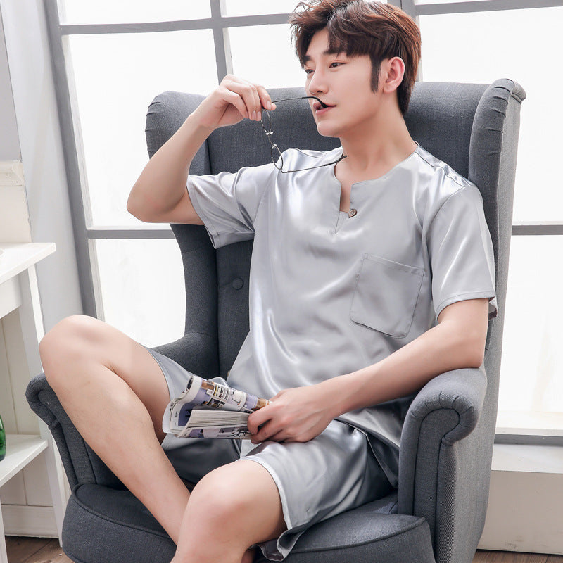 jinran Brand Spring Summer Autumn Men Satin Silk Pajamas Sets of T-shirt & Shorts Male Pijama Sleepwear Leisure Home Clothing