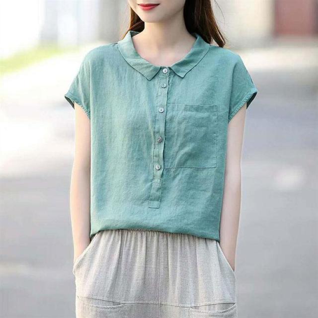 jinran Summer Women Shirt Plus Size Peter Pan Collar Loose Casual Short Sleeve Shirts Solid Cotton Vintage Blouse Female Linen Top D117