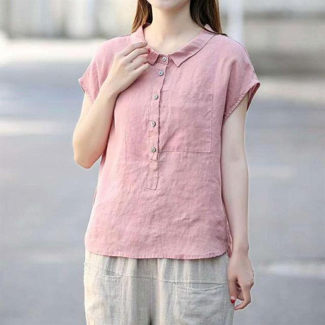 jinran Summer Women Shirt Plus Size Peter Pan Collar Loose Casual Short Sleeve Shirts Solid Cotton Vintage Blouse Female Linen Top D117