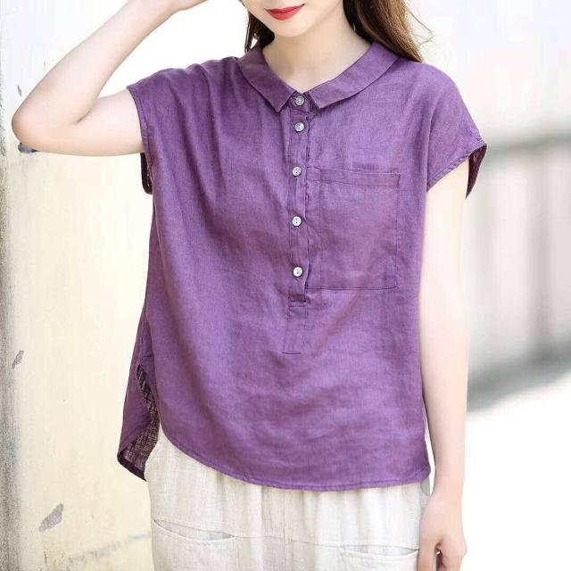 jinran Summer Women Shirt Plus Size Peter Pan Collar Loose Casual Short Sleeve Shirts Solid Cotton Vintage Blouse Female Linen Top D117