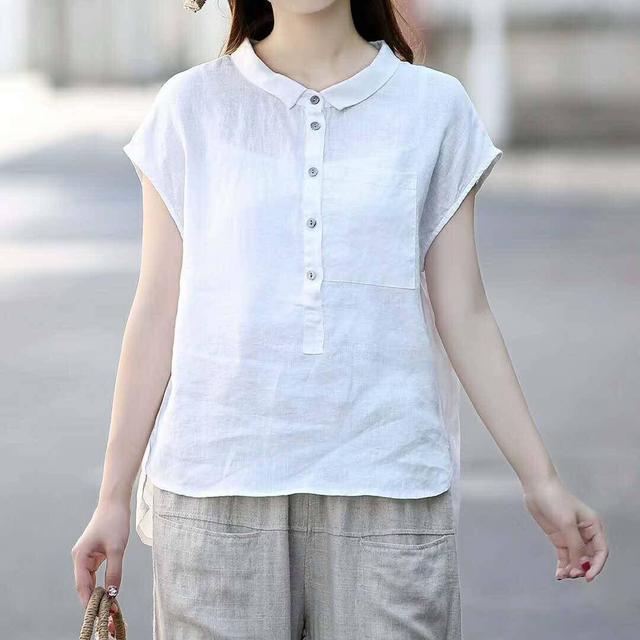 jinran Summer Women Shirt Plus Size Peter Pan Collar Loose Casual Short Sleeve Shirts Solid Cotton Vintage Blouse Female Linen Top D117