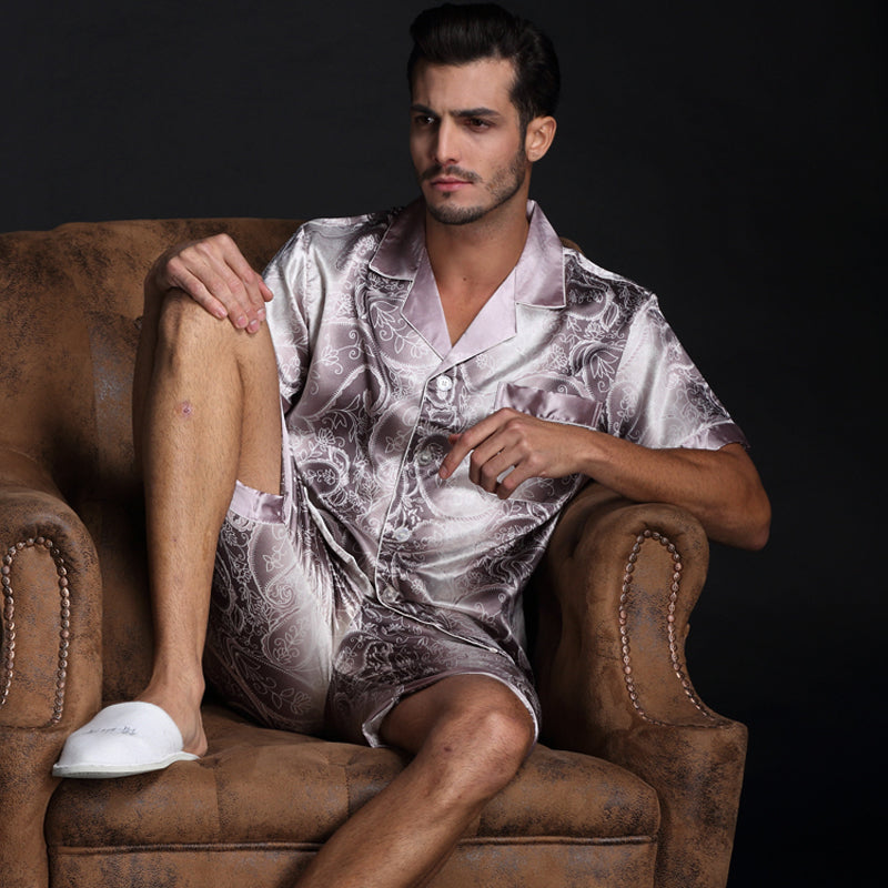 jinran Brand Spring Summer Autumn Men Satin Silk Pajamas Sets of T-shirt & Shorts Male Pijama Sleepwear Leisure Home Clothing