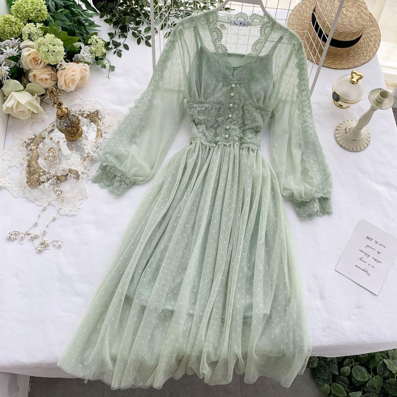 jinran Spring Women Mesh Lace Crochet Dresses V-neck Elegant Prom Puff Sleeves Dress Summer Dot Prom Party Sexy Slim Swing Long Dress