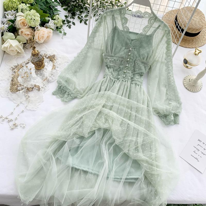 jinran Spring Women Mesh Lace Crochet Dresses V-neck Elegant Prom Puff Sleeves Dress Summer Dot Prom Party Sexy Slim Swing Long Dress