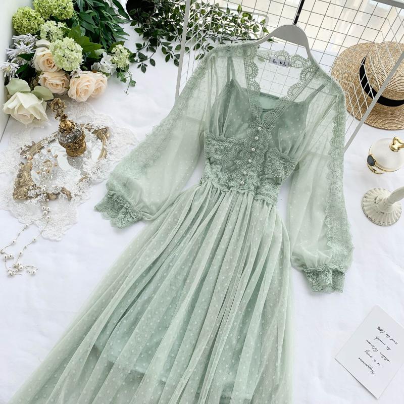 jinran Spring Women Mesh Lace Crochet Dresses V-neck Elegant Prom Puff Sleeves Dress Summer Dot Prom Party Sexy Slim Swing Long Dress