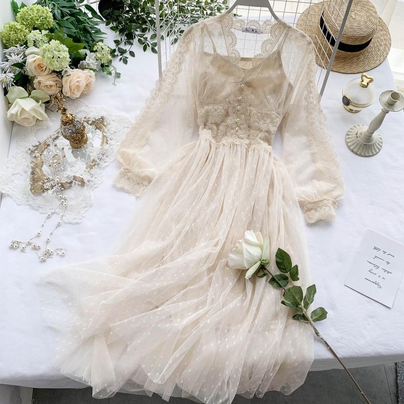 jinran Spring Women Mesh Lace Crochet Dresses V-neck Elegant Prom Puff Sleeves Dress Summer Dot Prom Party Sexy Slim Swing Long Dress