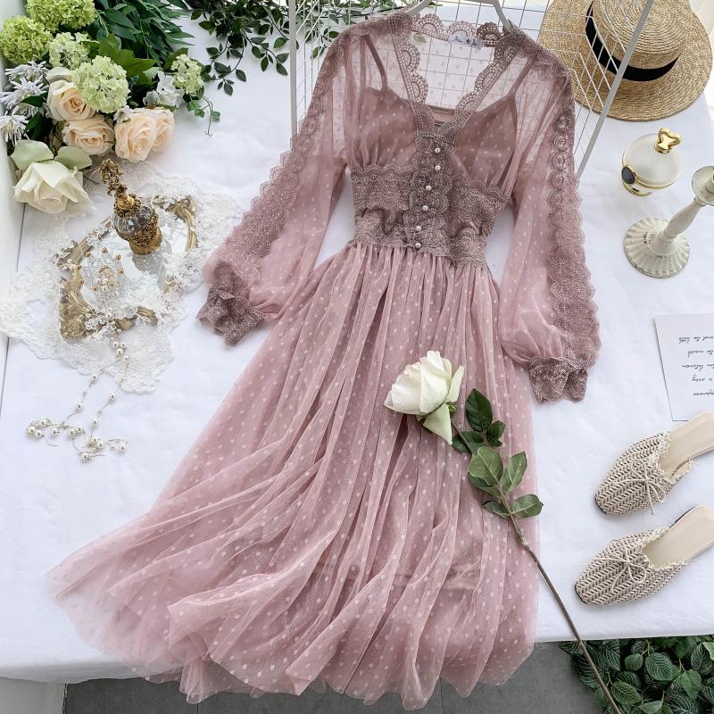 jinran Spring Women Mesh Lace Crochet Dresses V-neck Elegant Prom Puff Sleeves Dress Summer Dot Prom Party Sexy Slim Swing Long Dress