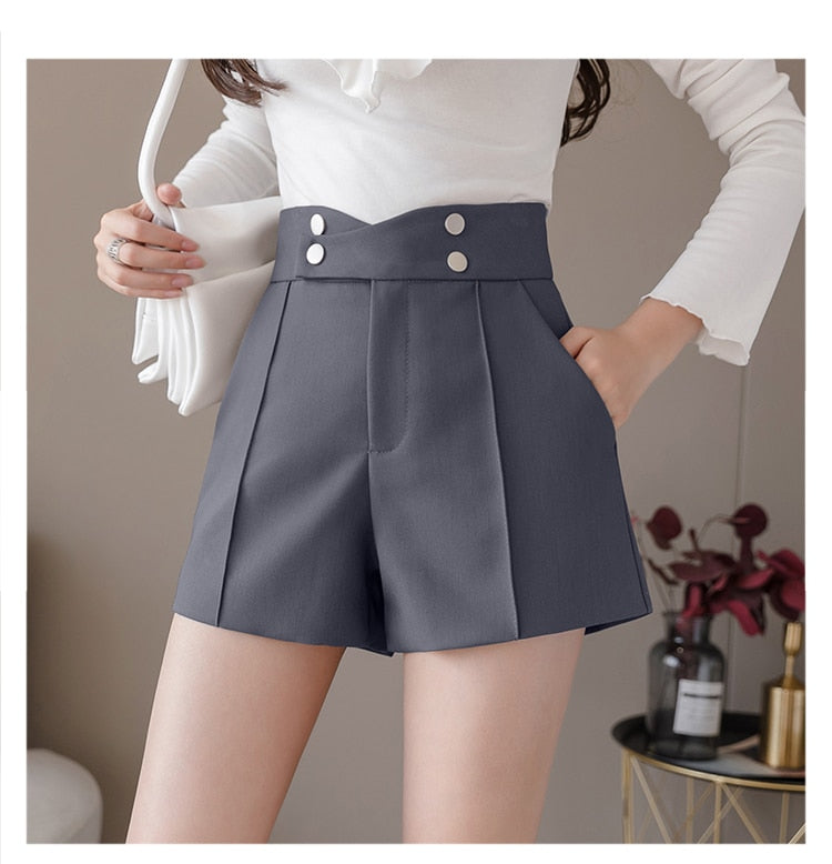 jinran Plus Size Suits Shorts Women Summer New High Waist Solid Black Office Work Shorts Ladies Pocket Gray Wide Leg Trouser S-XL