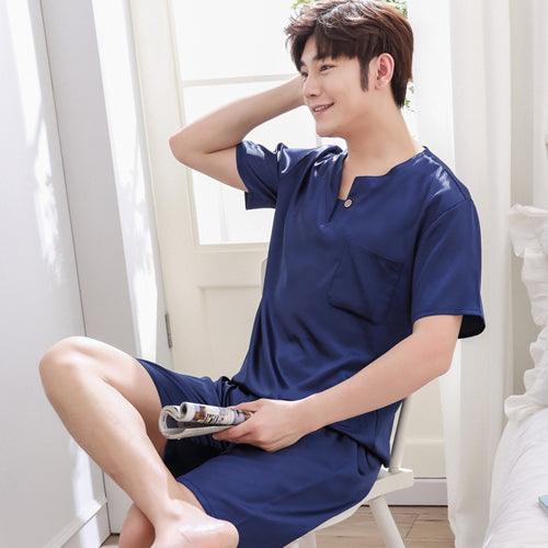 jinran Brand Spring Summer Autumn Men Satin Silk Pajamas Sets of T-shirt & Shorts Male Pijama Sleepwear Leisure Home Clothing