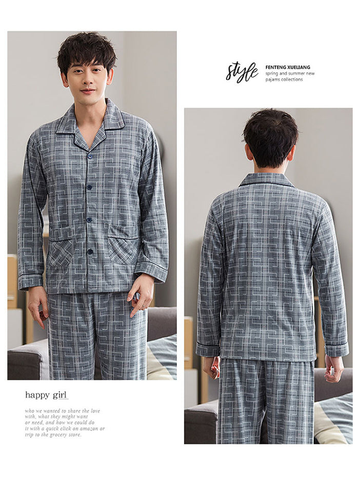 jinran Summer Casual Striped Cotton Pajama Sets for Men Short Sleeve Long Pants Sleepwear Pyjama Male Homewear Lounge Wear Clothes