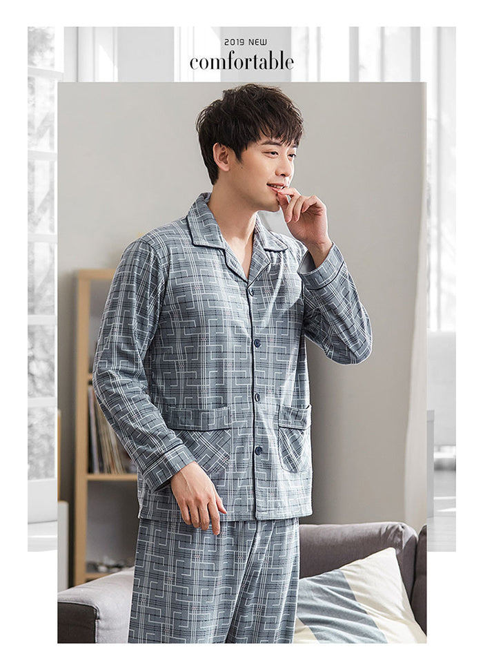 jinran Summer Casual Striped Cotton Pajama Sets for Men Short Sleeve Long Pants Sleepwear Pyjama Male Homewear Lounge Wear Clothes