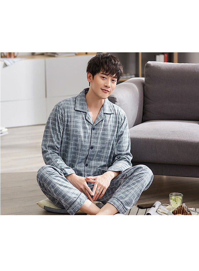jinran Summer Casual Striped Cotton Pajama Sets for Men Short Sleeve Long Pants Sleepwear Pyjama Male Homewear Lounge Wear Clothes