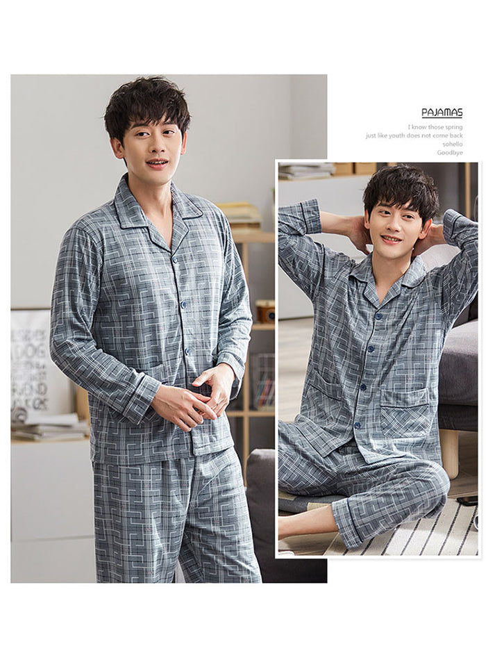 jinran Summer Casual Striped Cotton Pajama Sets for Men Short Sleeve Long Pants Sleepwear Pyjama Male Homewear Lounge Wear Clothes