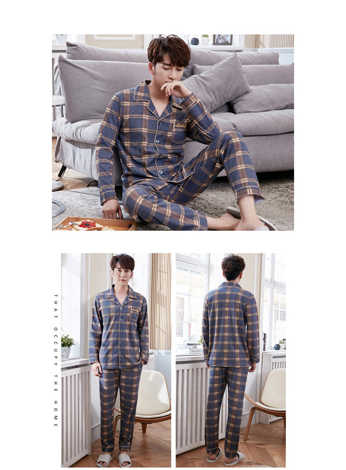 jinran Summer Casual Striped Cotton Pajama Sets for Men Short Sleeve Long Pants Sleepwear Pyjama Male Homewear Lounge Wear Clothes
