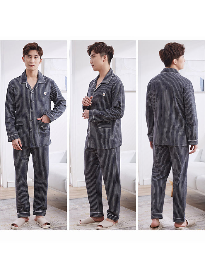 jinran Summer Casual Striped Cotton Pajama Sets for Men Short Sleeve Long Pants Sleepwear Pyjama Male Homewear Lounge Wear Clothes
