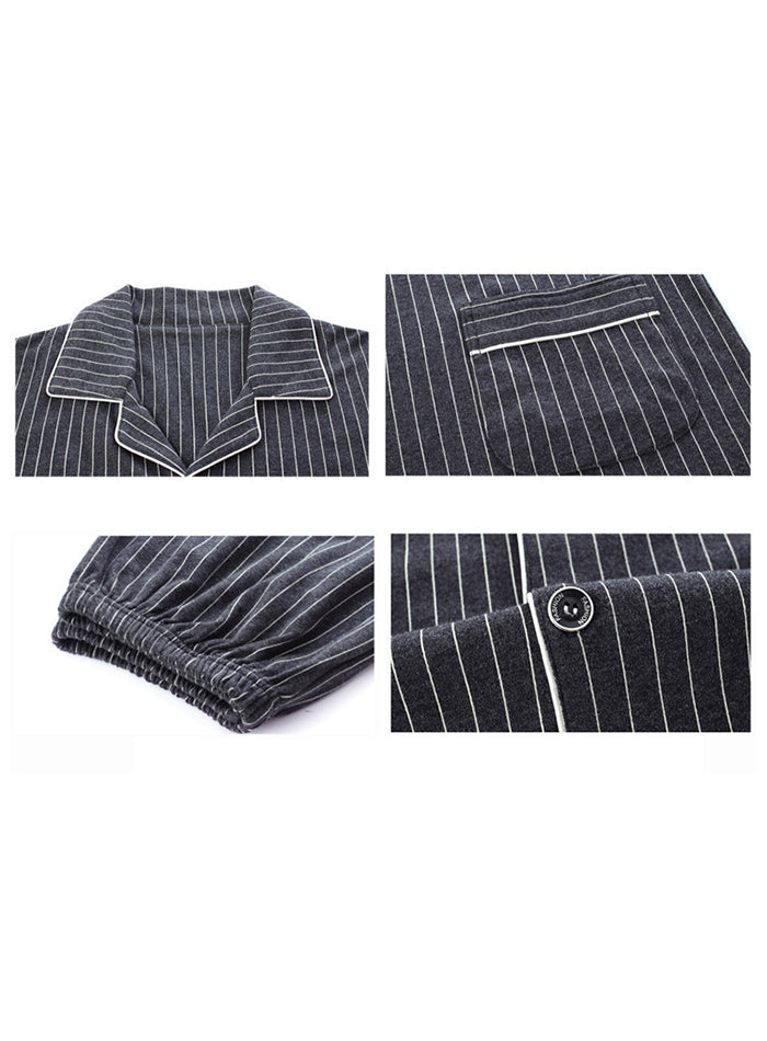 jinran Summer Casual Striped Cotton Pajama Sets for Men Short Sleeve Long Pants Sleepwear Pyjama Male Homewear Lounge Wear Clothes