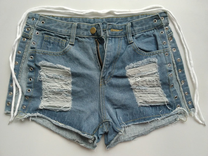 jinran Sexy Summer Women Denim Shorts New Black Blue High Waist Ripped Short Jeans Femme Tassel Lace Up Bandage Hot Pants