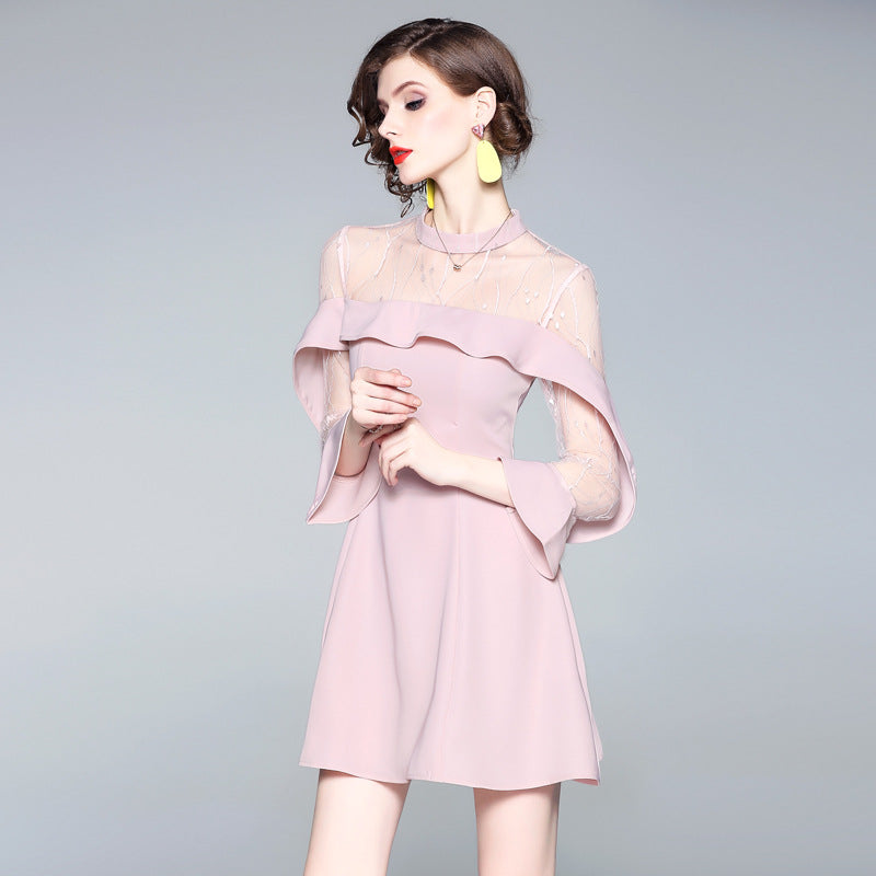 jinran Spring and summer 2022 new women's mesh splicing Ruffle Dress celebrity perspective sheath dresses butterfly sleeve cloth