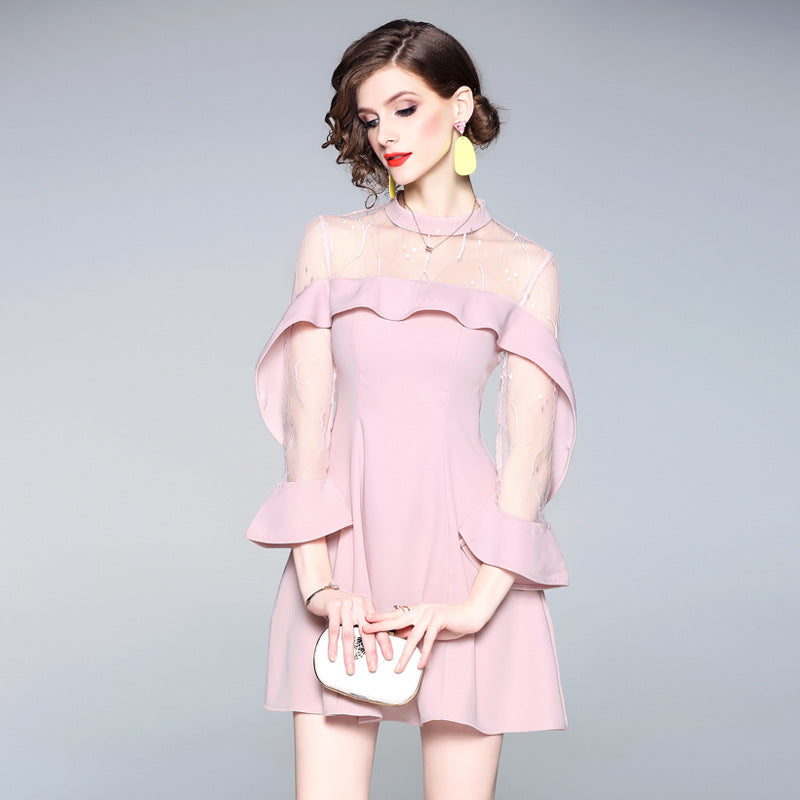 jinran Spring and summer 2022 new women's mesh splicing Ruffle Dress celebrity perspective sheath dresses butterfly sleeve cloth