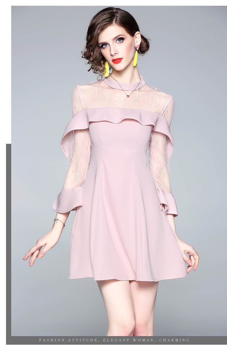 jinran Spring and summer 2022 new women's mesh splicing Ruffle Dress celebrity perspective sheath dresses butterfly sleeve cloth