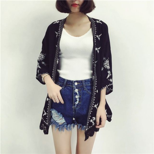 jinran 2022 Summer Beach Kimono Cardigan Lace Embroidery Beach Sunscreen Shirt Loose Cardigan Cotton Blouse Femme