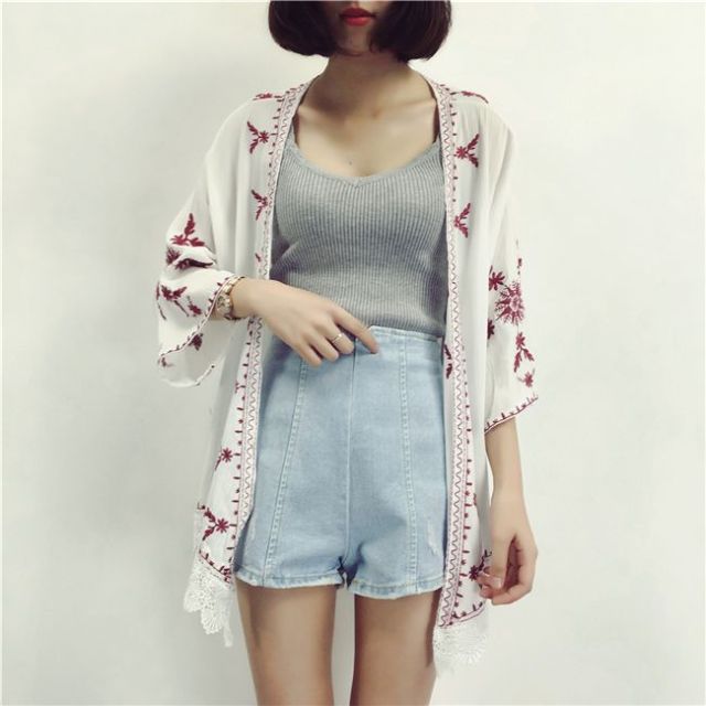 jinran 2022 Summer Beach Kimono Cardigan Lace Embroidery Beach Sunscreen Shirt Loose Cardigan Cotton Blouse Femme