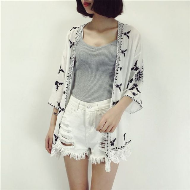 jinran 2022 Summer Beach Kimono Cardigan Lace Embroidery Beach Sunscreen Shirt Loose Cardigan Cotton Blouse Femme
