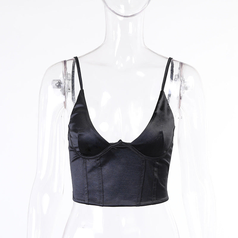 jinran V Neck Sleeveless Corset Crop Top Black Women 2021 Sexy Backless Summer Casual Bustier Cami Spaghetti Strap Tank Tops