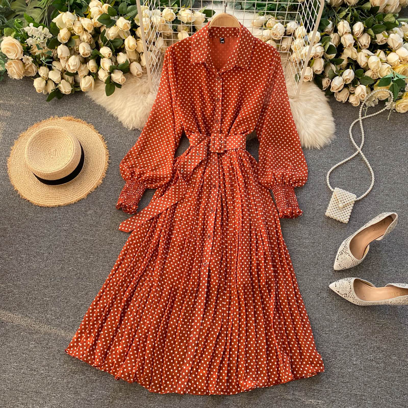 jinran Spring And Summer French Vintage Maxi Dress 2021 Sundress Ladies Long Sleeve Orange Polka Dot Chiffon Pleated Dresses Femme Robe