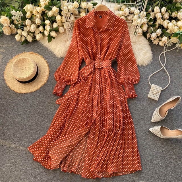 jinran Spring And Summer French Vintage Maxi Dress 2021 Sundress Ladies Long Sleeve Orange Polka Dot Chiffon Pleated Dresses Femme Robe